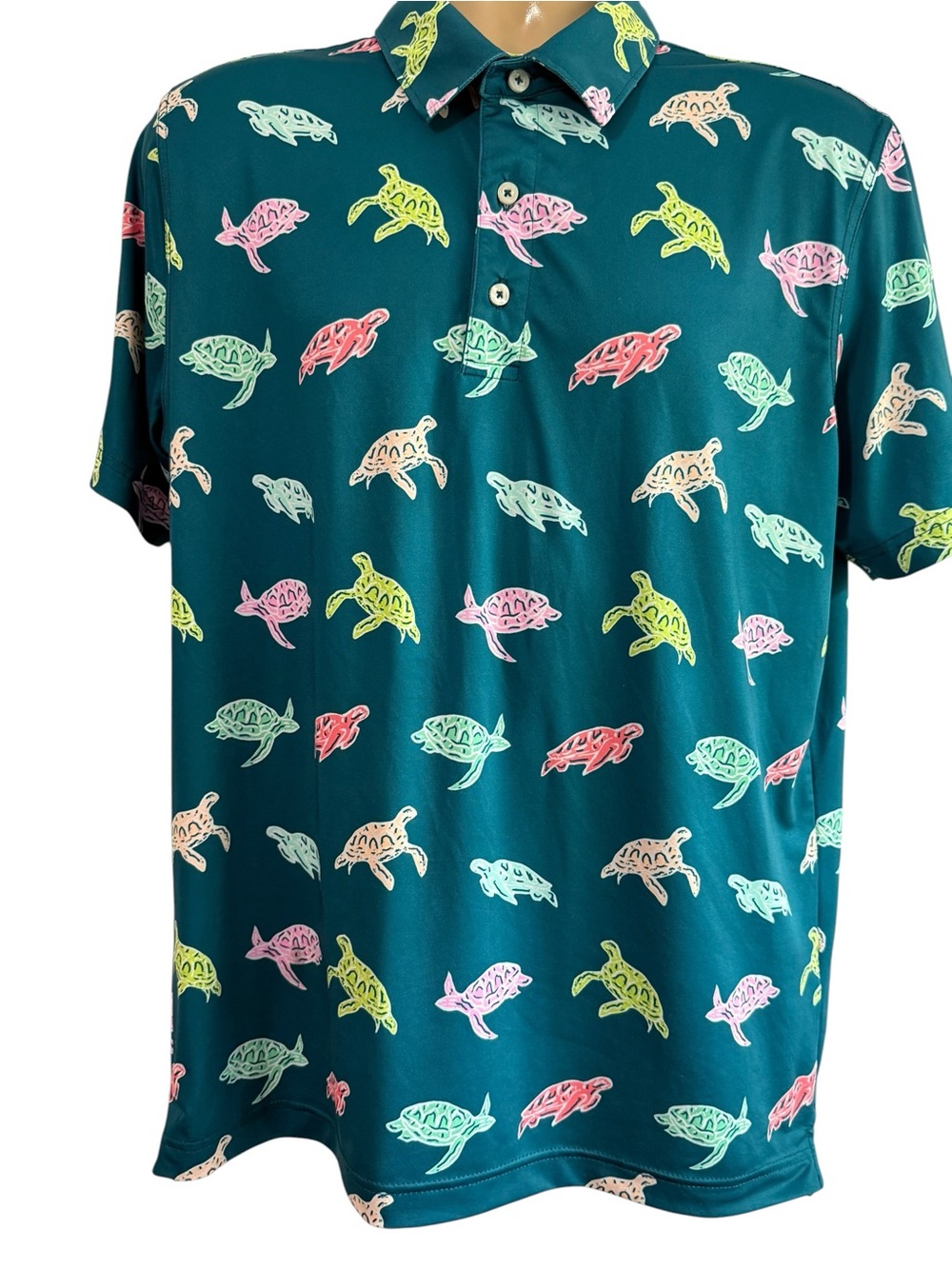 Chubbies Mens Sea Turtle Performance Polo Shirt Teal Green Neon Print Medium